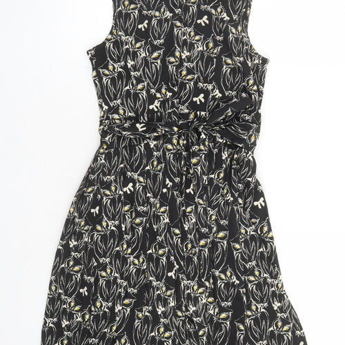 Yumi Womens Black Geometric Polyester A-Line Size 8 Collared Zip - Owl Pattern Lined