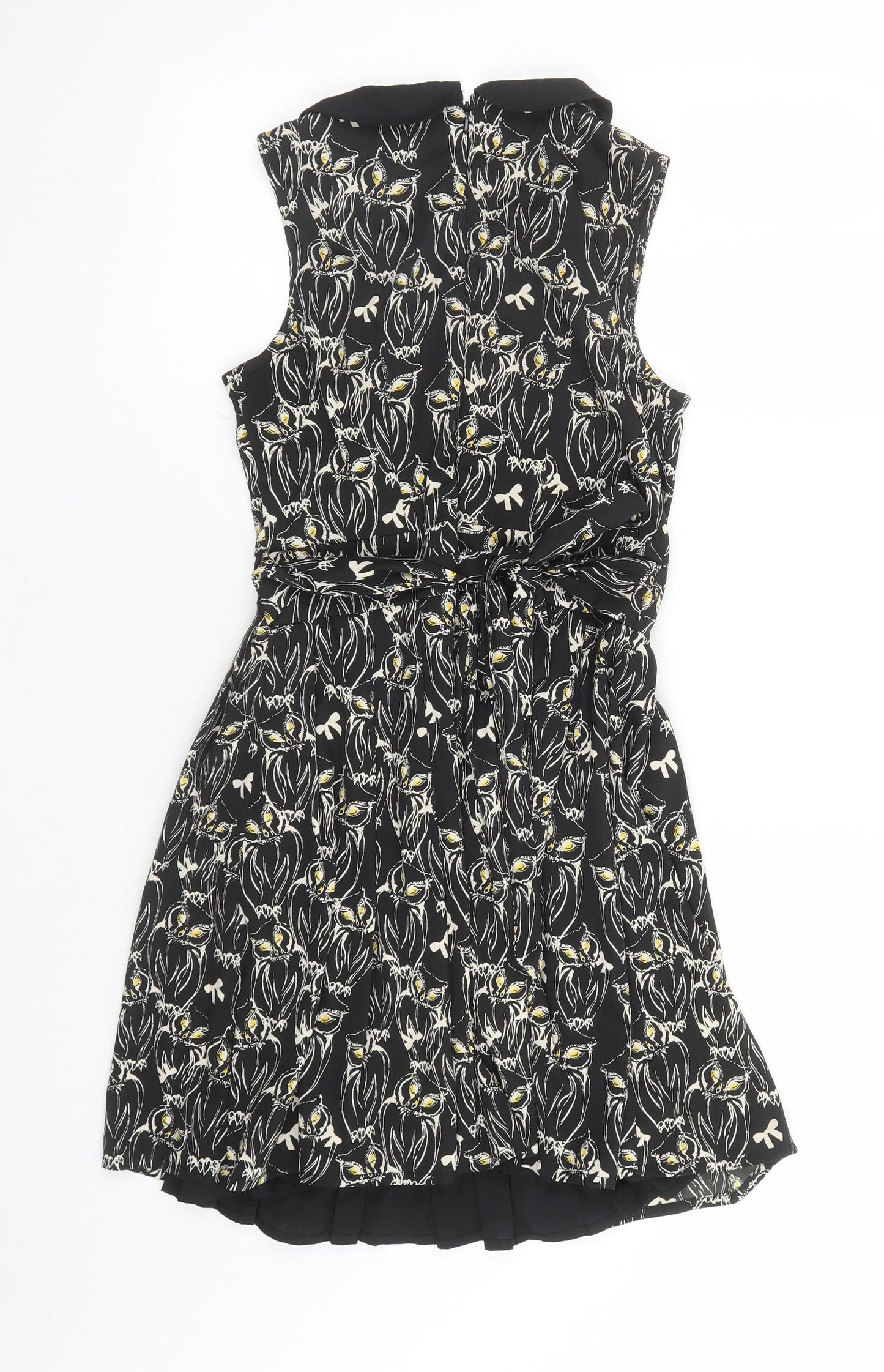 Yumi Womens Black Geometric Polyester A-Line Size 8 Collared Zip - Owl Pattern Lined