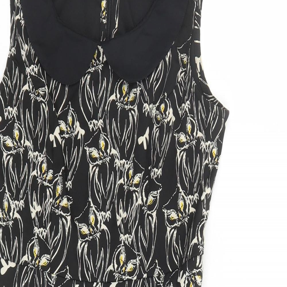 Yumi Womens Black Geometric Polyester A-Line Size 8 Collared Zip - Owl Pattern Lined