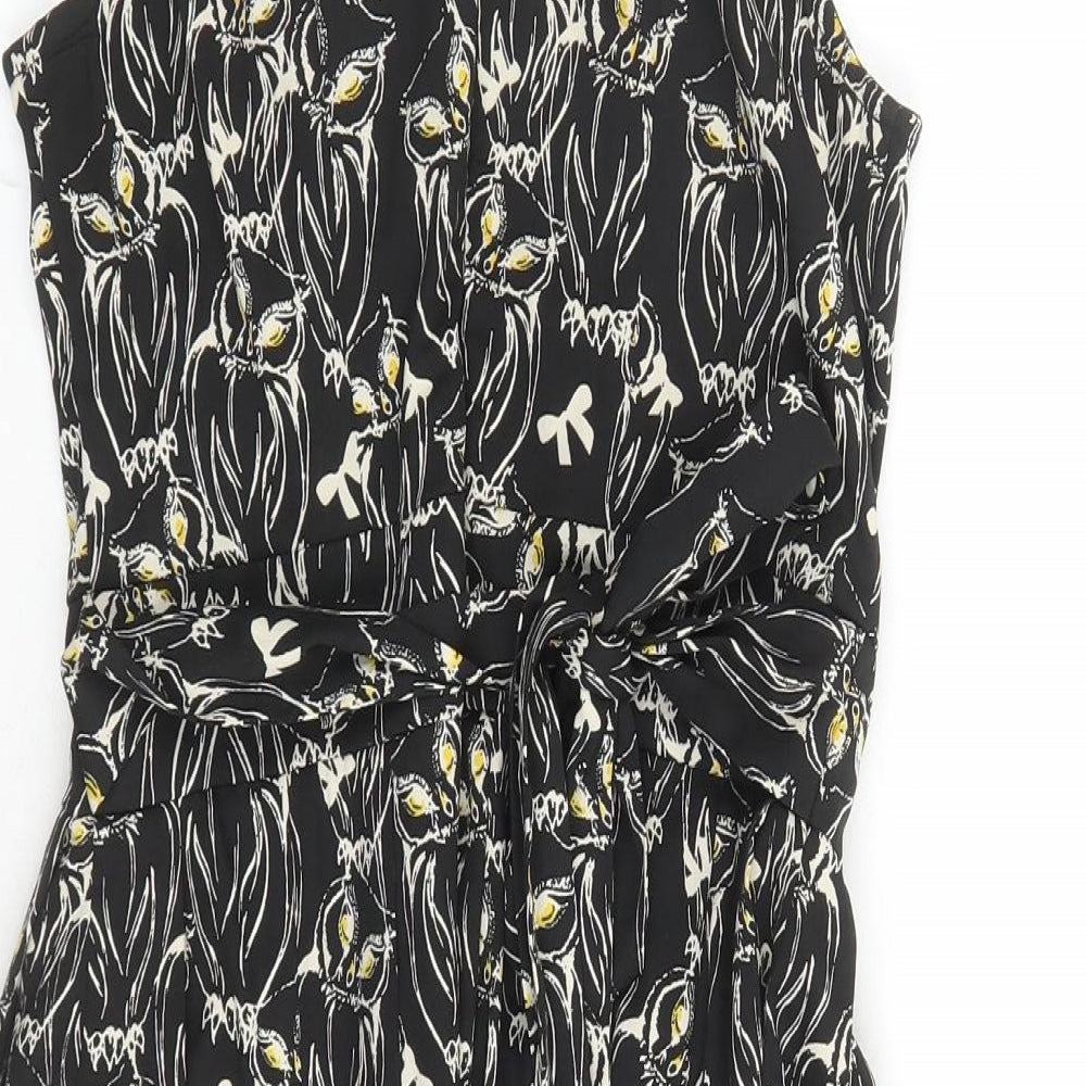 Yumi Womens Black Geometric Polyester A-Line Size 8 Collared Zip - Owl Pattern Lined