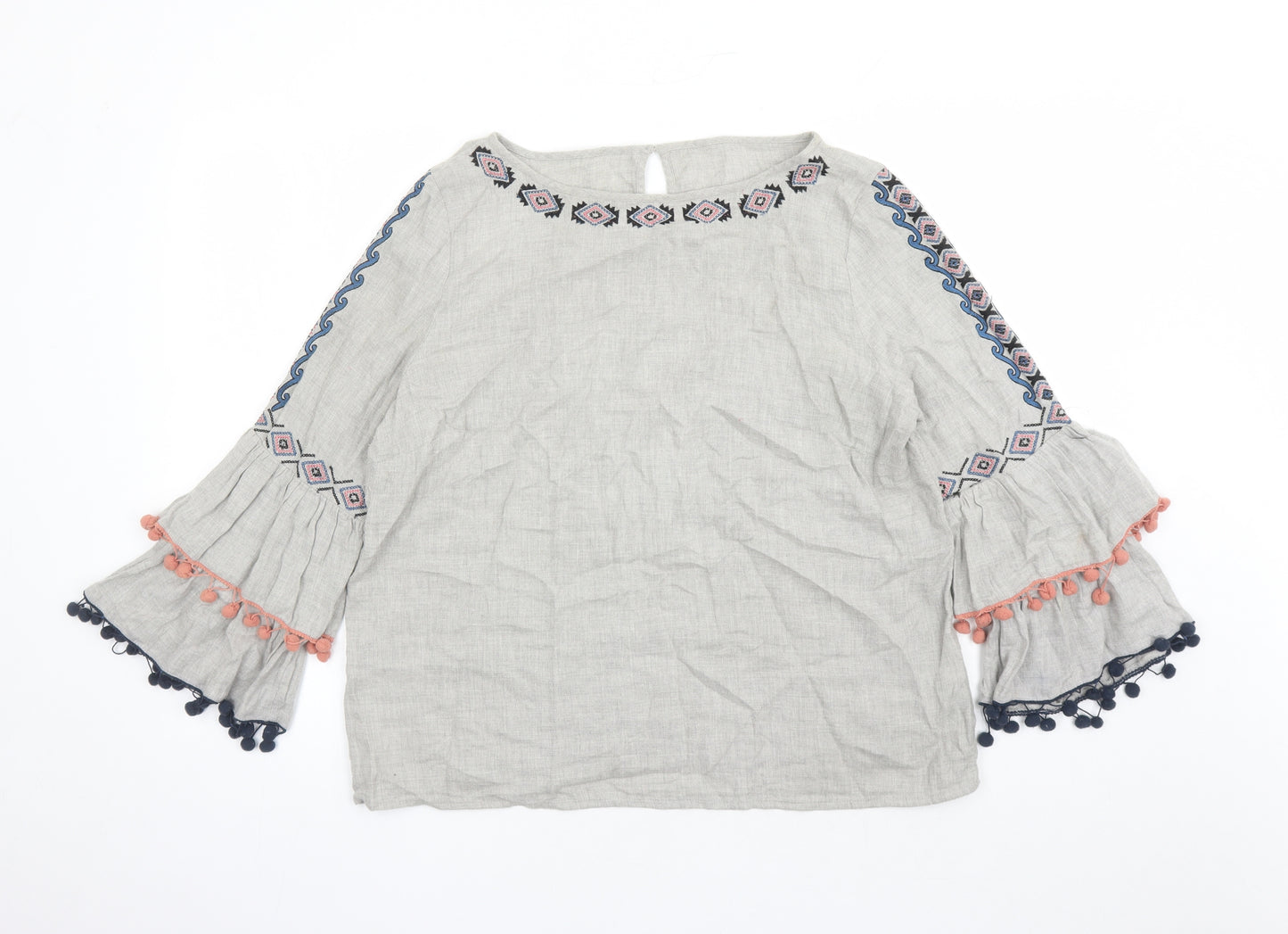 Mint Velvet Womens Grey Cotton Basic Blouse Size 14 Round Neck - Embroidered Detail Tasselled