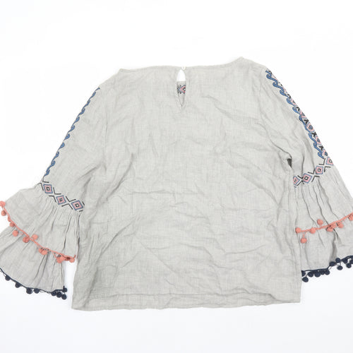 Mint Velvet Womens Grey Cotton Basic Blouse Size 14 Round Neck - Embroidered Detail Tasselled