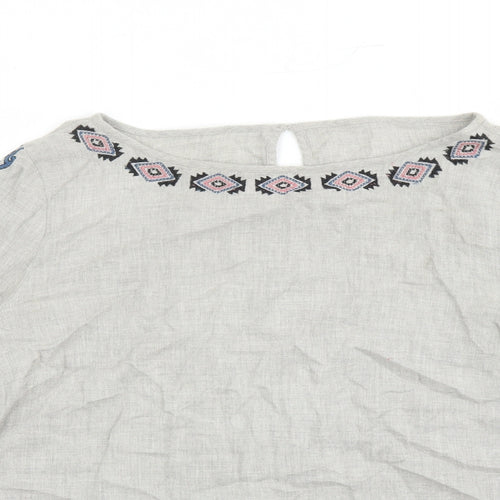 Mint Velvet Womens Grey Cotton Basic Blouse Size 14 Round Neck - Embroidered Detail Tasselled