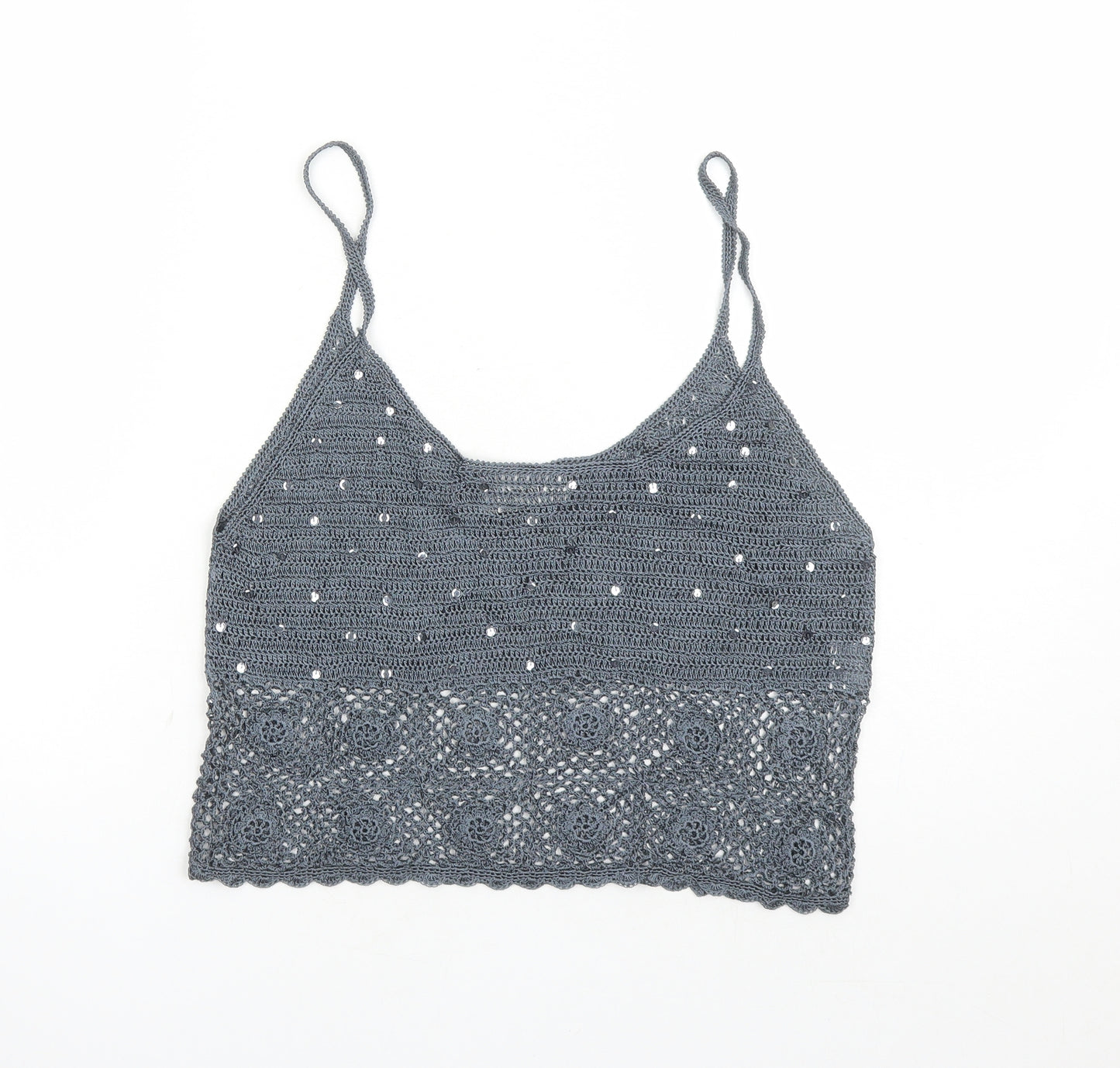 Caroll Womens Grey Viscose Cropped Tank Size 16 Round Neck - Crochet Detail Sequin