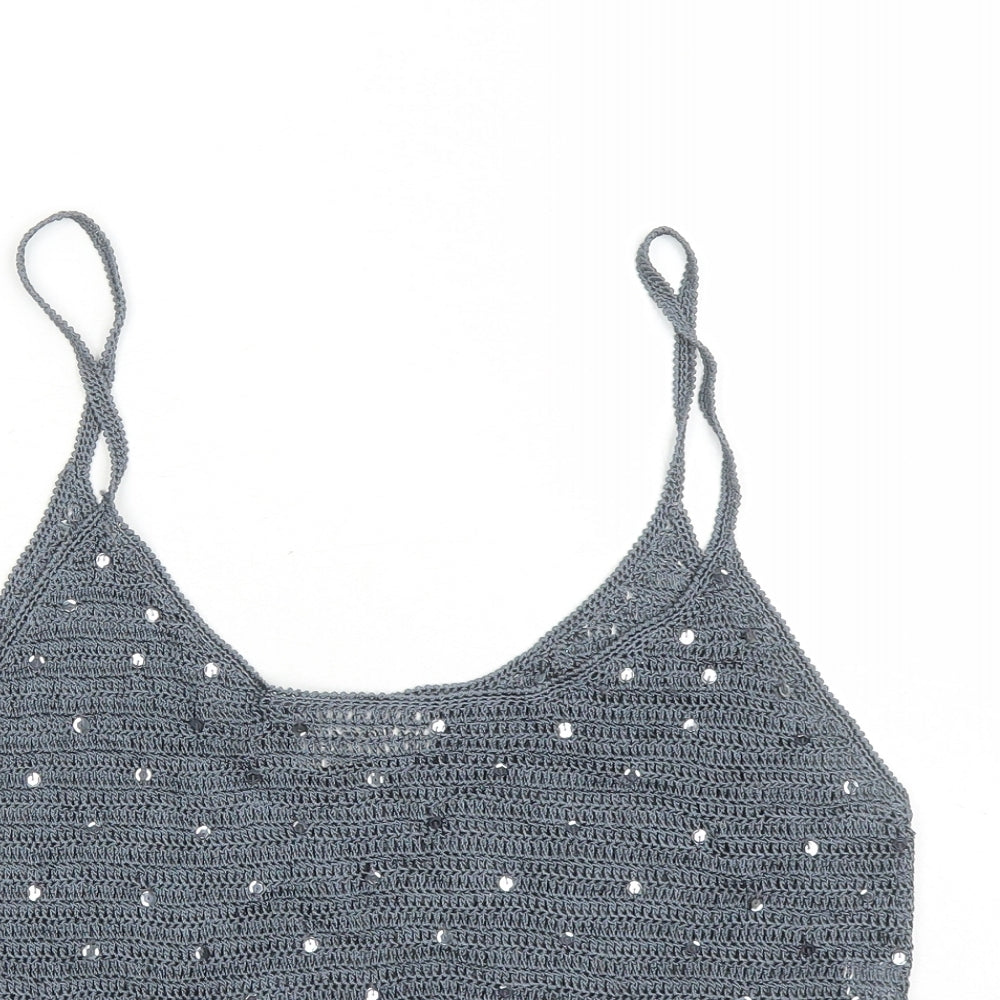 Caroll Womens Grey Viscose Cropped Tank Size 16 Round Neck - Crochet Detail Sequin