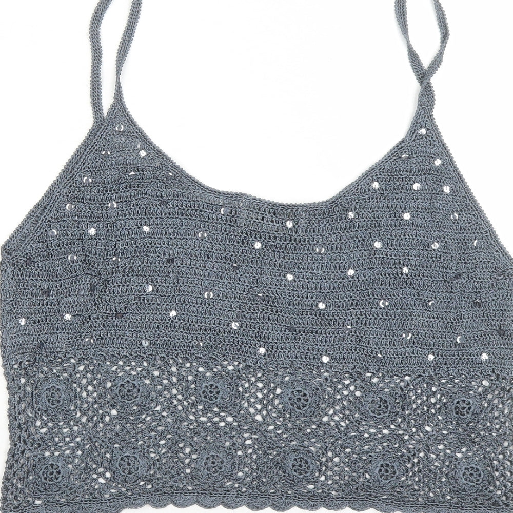 Caroll Womens Grey Viscose Cropped Tank Size 16 Round Neck - Crochet Detail Sequin