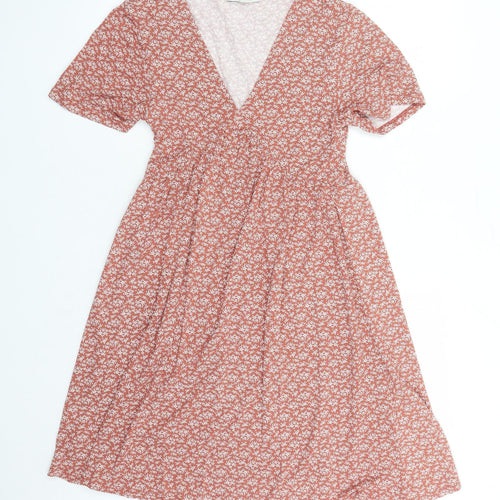 Pull&Bear Womens Brown Floral Polyester A-Line Size M V-Neck Pullover