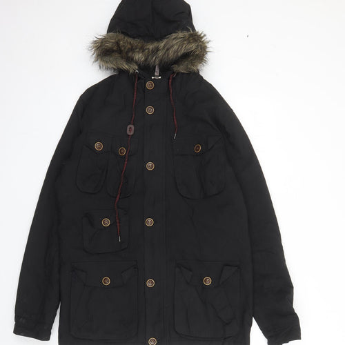 Brave Soul Mens Black Parka Coat Size M Zip - Hooded Pockets