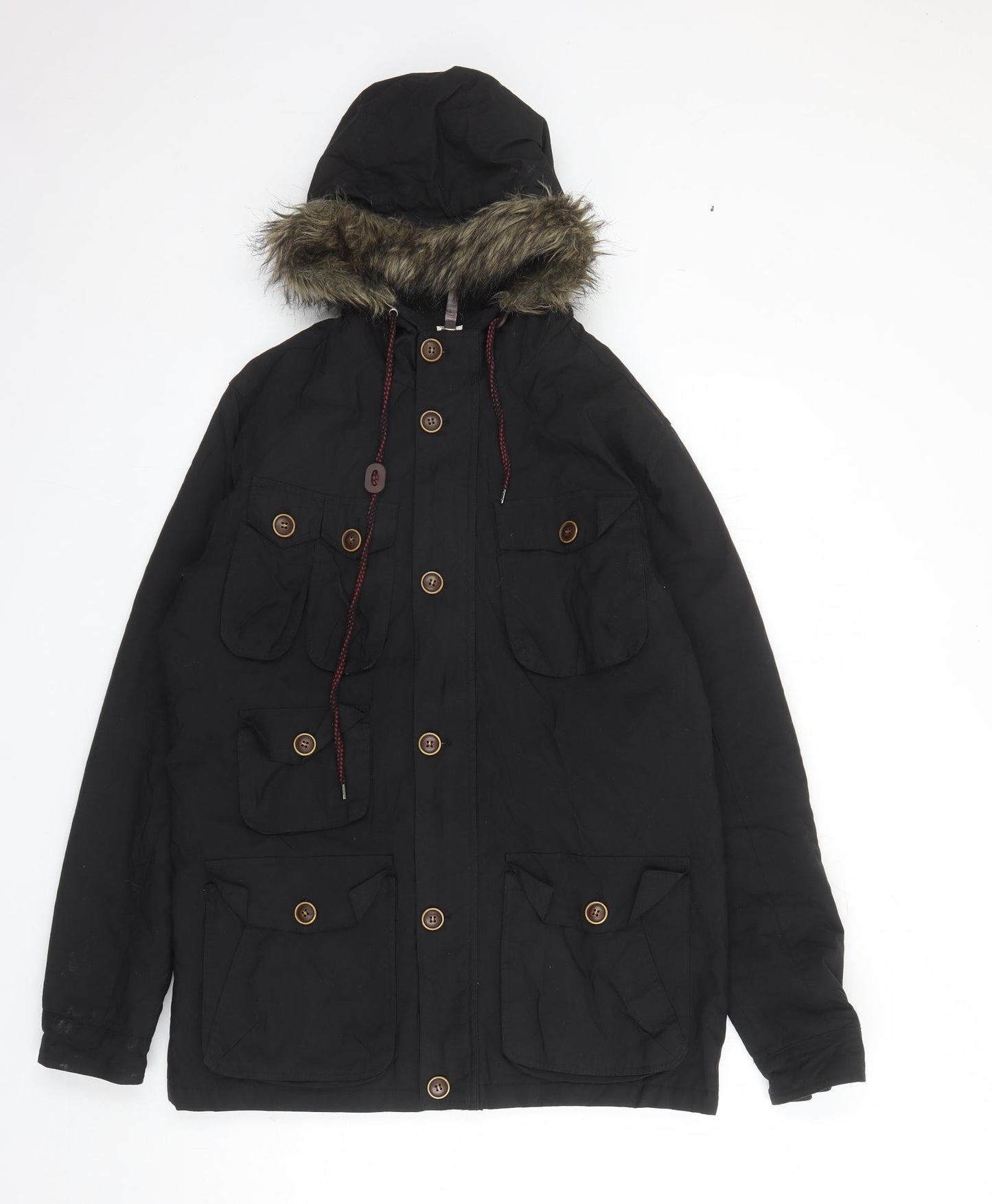 Brave Soul Mens Black Parka Coat Size M Zip - Hooded Pockets