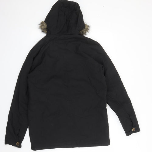 Brave Soul Mens Black Parka Coat Size M Zip - Hooded Pockets
