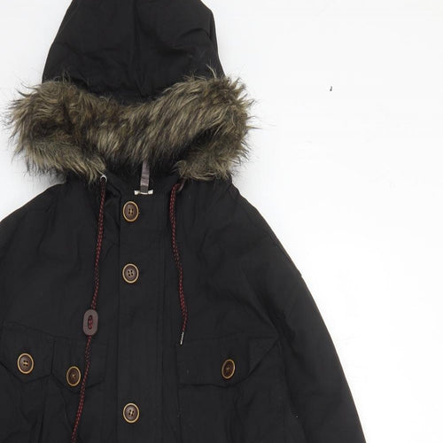 Brave Soul Mens Black Parka Coat Size M Zip - Hooded Pockets