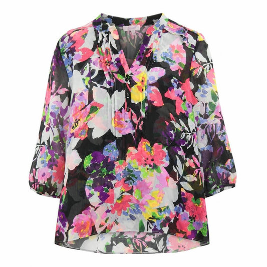 Front view of Per Una women’s multicoloured geometric polyester basic blouse, size UK 14, v-neck
