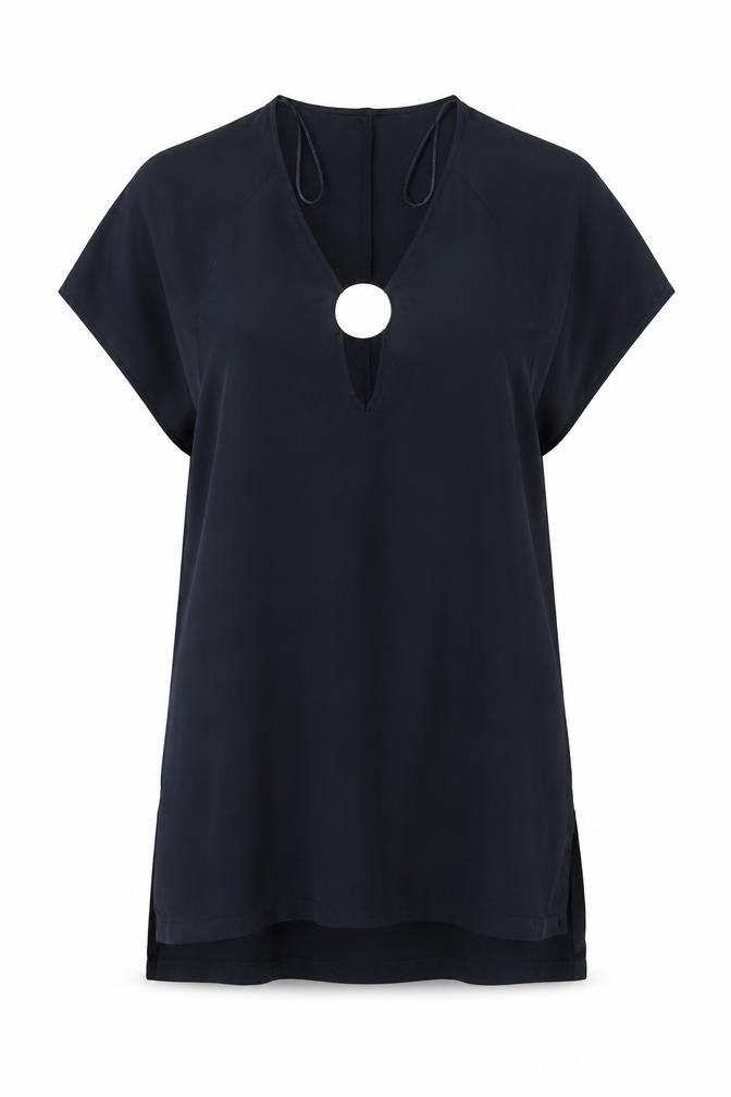 Front view of Zara women’s black polyester a-line, size S, v-neck pullover