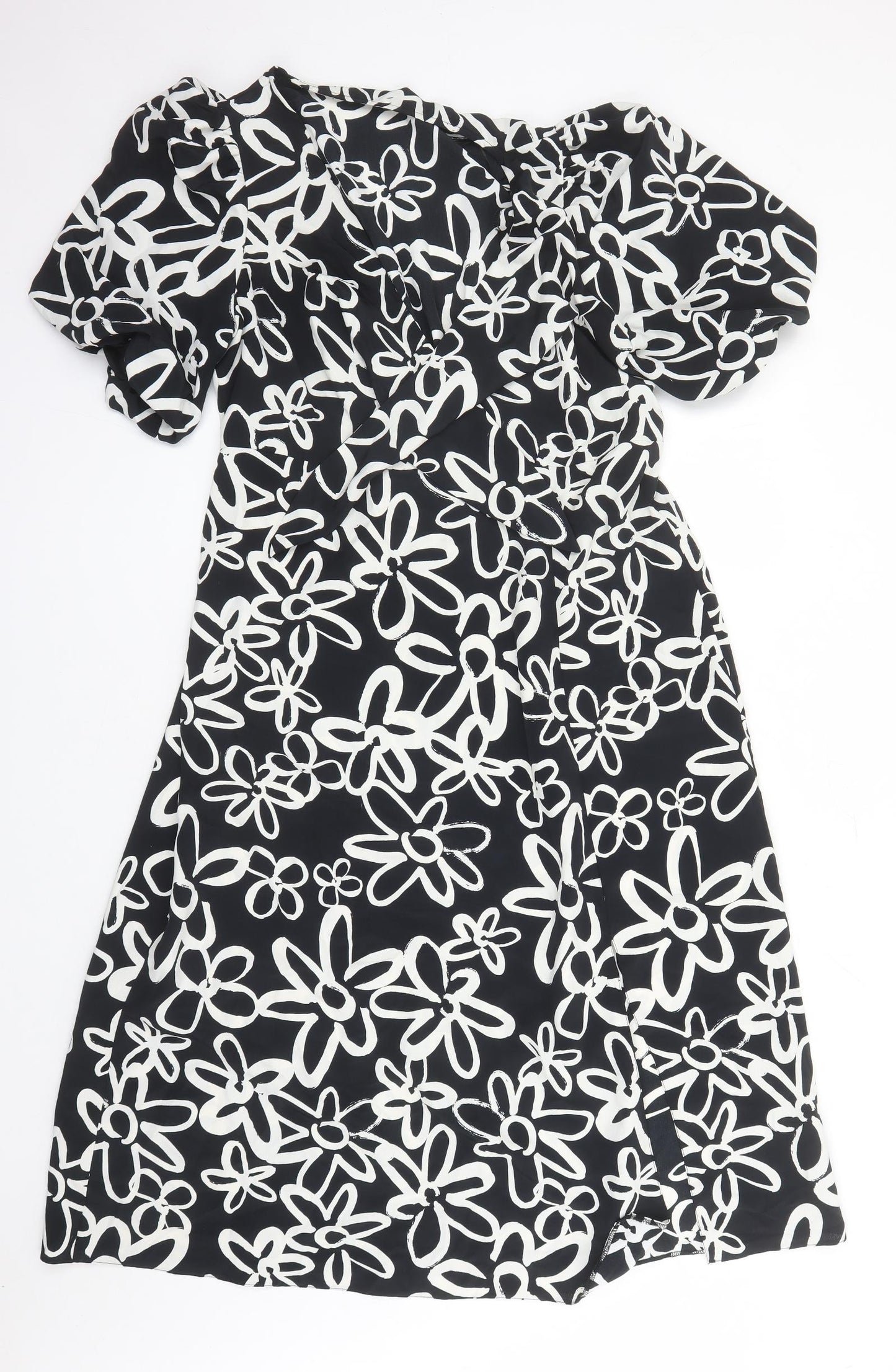 New Look Womens Black Floral Polyester Trapeze & Swing Size 14 V-Neck Pullover