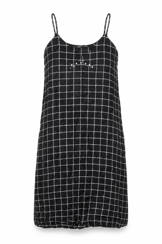 Front view of Zara women’s grey check viscose slip dress, size S, round neck pullover - rhinestone detail