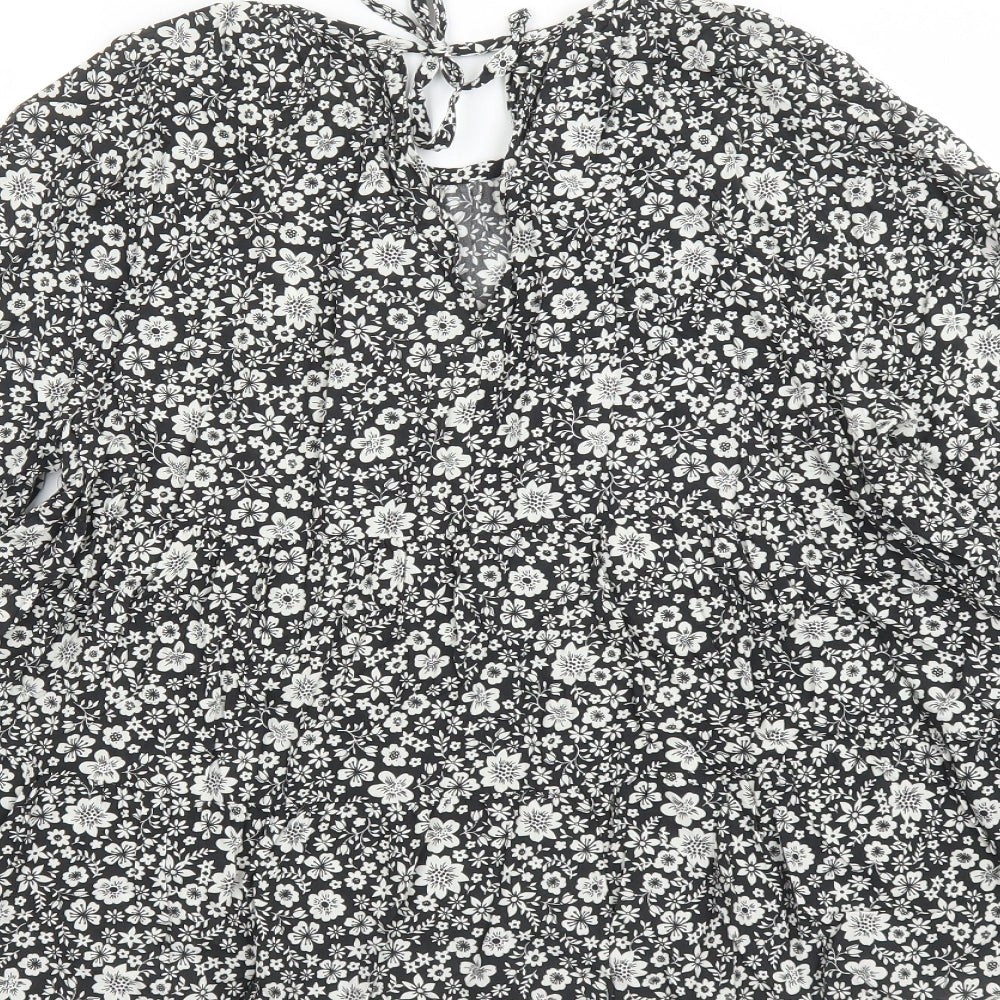 NEXT Womens Black Floral Viscose Basic Blouse Size 12 Round Neck