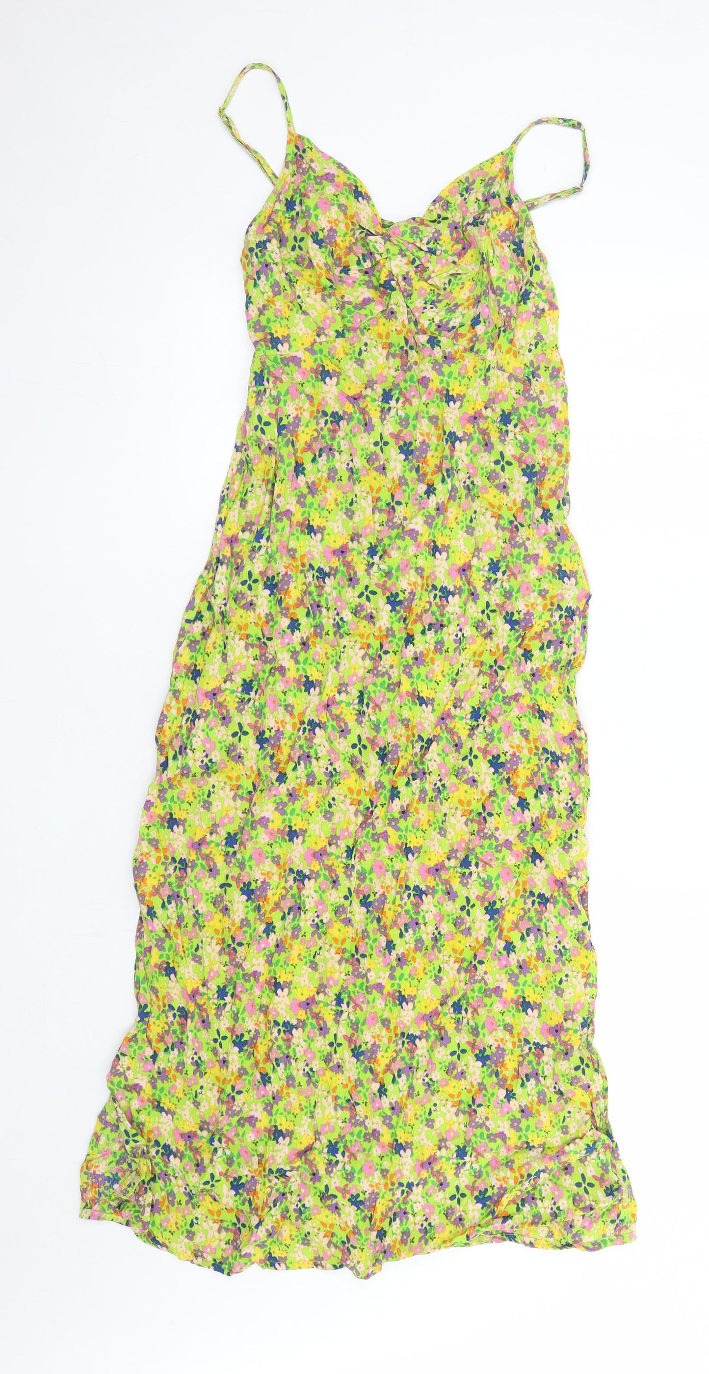 River Island Womens Green Floral Viscose Slip Dress Size 8 V-Neck Pullover