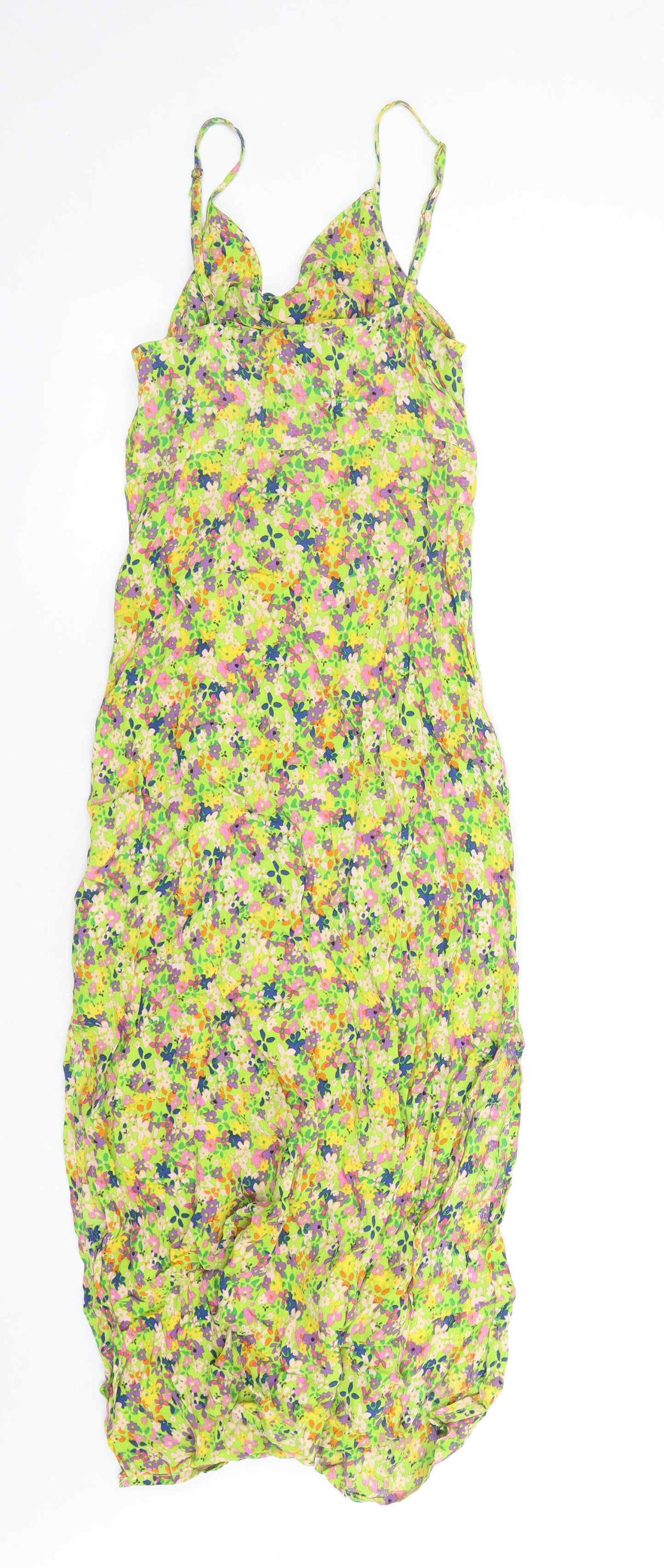 River Island Womens Green Floral Viscose Slip Dress Size 8 V-Neck Pullover