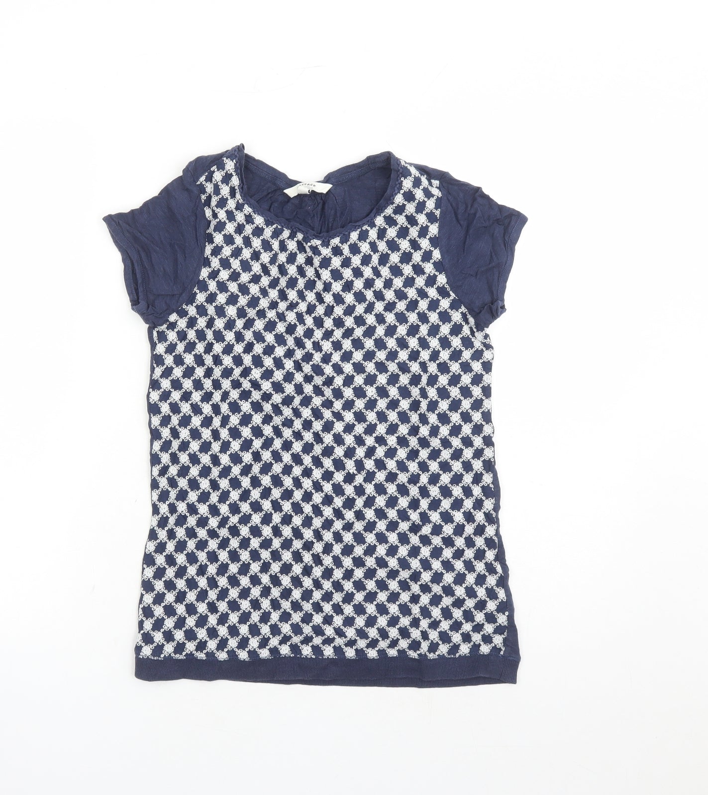 Fat Face Womens Blue Geometric Cotton Basic T-Shirt Size 8 Round Neck - Embroidered Detail