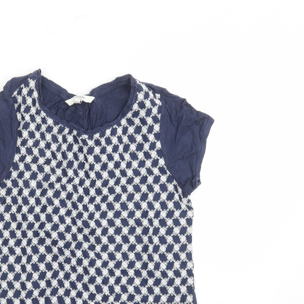 Fat Face Womens Blue Geometric Cotton Basic T-Shirt Size 8 Round Neck - Embroidered Detail