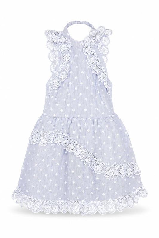 Front view of H&M women’s blue striped cotton fit & flare, size UK 8, halter zip - embroidered detail open back