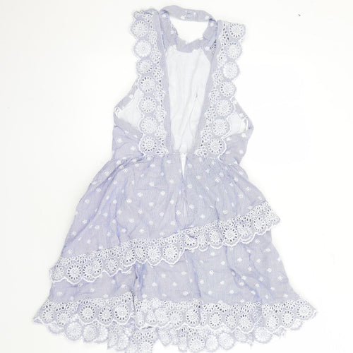 H&M Womens Blue Striped Cotton Fit & Flare Size 8 Halter Zip - Embroidered Detail Open Back