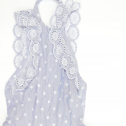 H&M Womens Blue Striped Cotton Fit & Flare Size 8 Halter Zip - Embroidered Detail Open Back