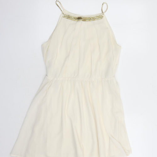 FOREVER 21 Womens Ivory Polyester A-Line Size M Round Neck Button - Beaded Neckline