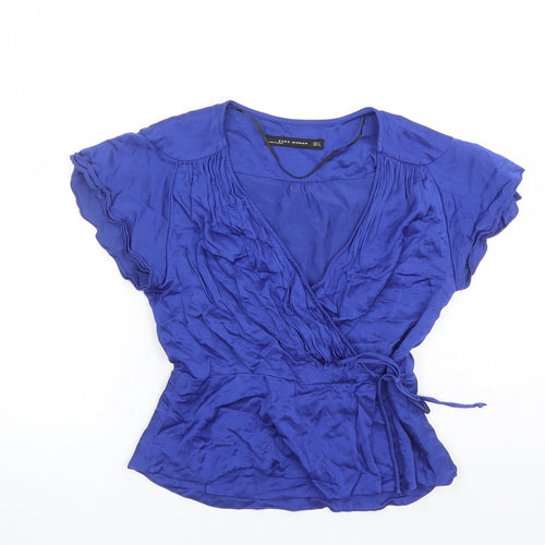 Zara Womens Blue Viscose Wrap Blouse Size S V-Neck