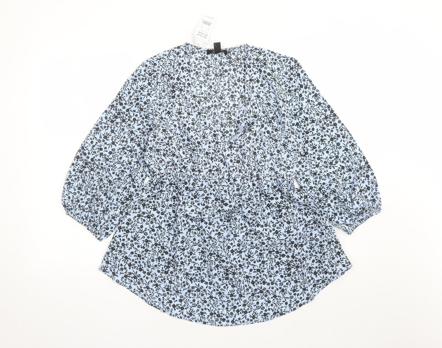 New Look Womens Blue Floral Polyester Basic Blouse Size 6 V-Neck