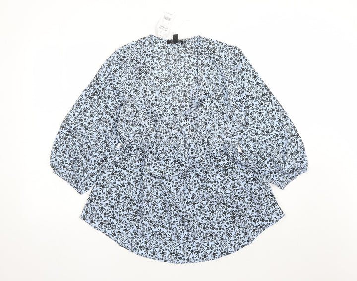 New Look Womens Blue Floral Polyester Basic Blouse Size 6 V-Neck