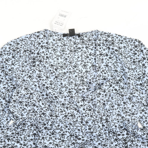 New Look Womens Blue Floral Polyester Basic Blouse Size 6 V-Neck