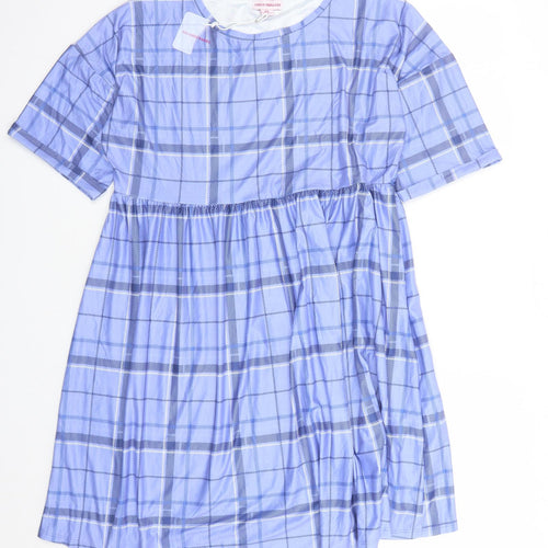 Urban Threads Womens Blue Plaid Polyester A-Line Size 12 Round Neck Pullover