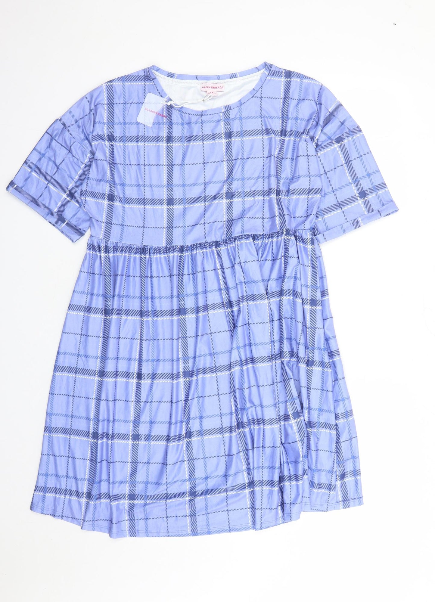 Urban Threads Womens Blue Plaid Polyester A-Line Size 12 Round Neck Pullover