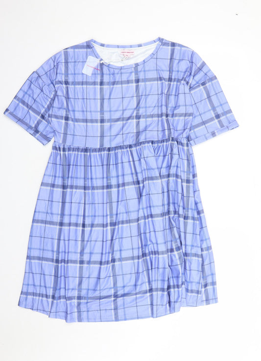 Front view of Urban Threads women’s blue plaid polyester a-line, size UK 12, round neck pullover