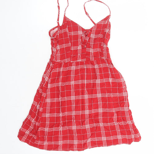 Divided by H&M Womens Red Check Viscose Slip Dress Size 8 V-Neck Pullover