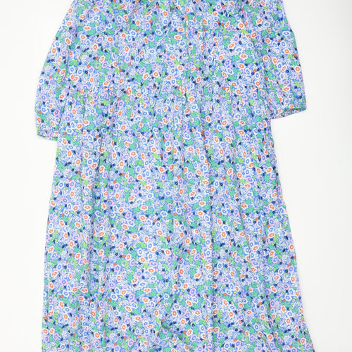 Marks and Spencer Womens Blue Floral Cotton A-Line Size 14 Round Neck Tie