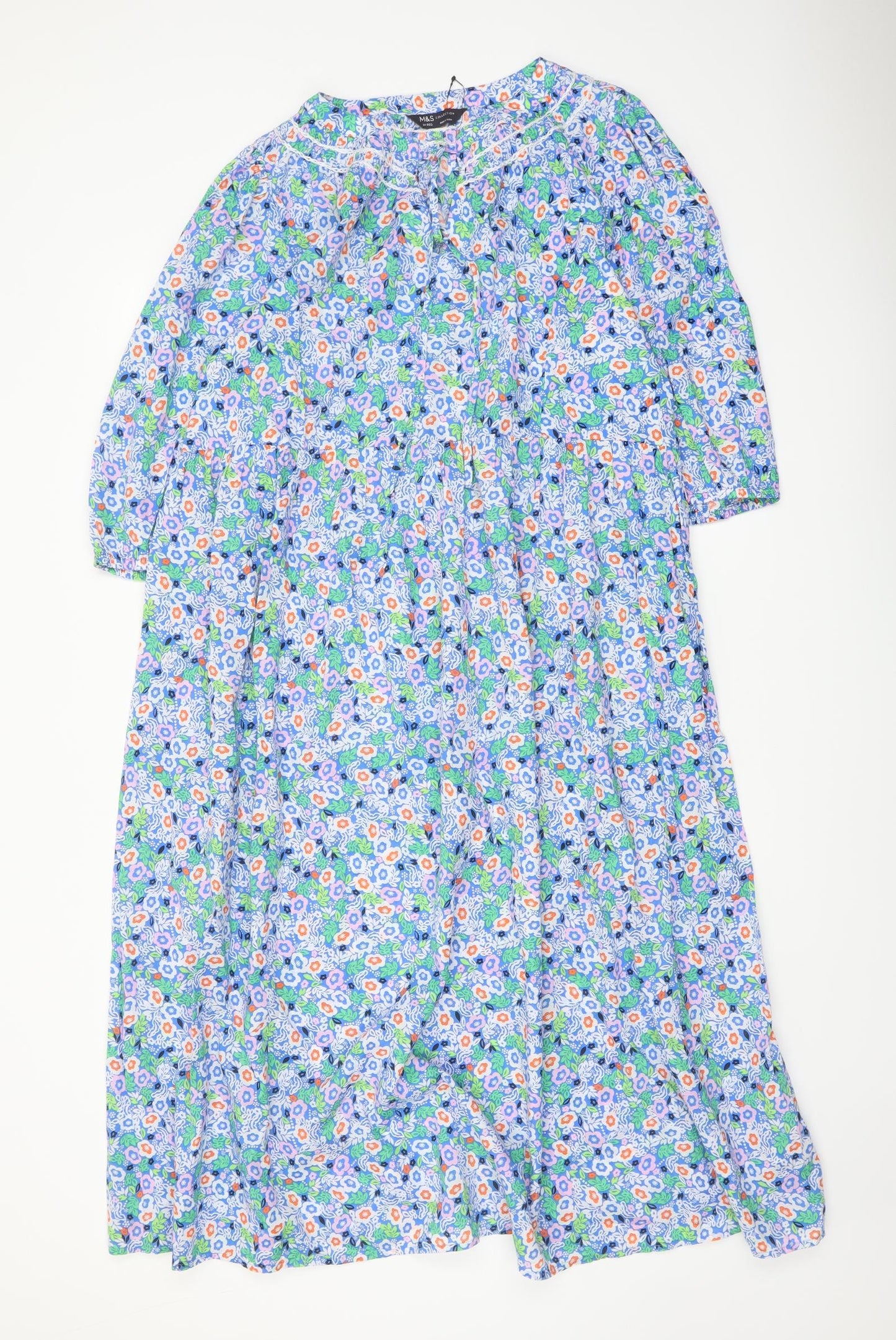 Marks and Spencer Womens Blue Floral Cotton A-Line Size 14 Round Neck Tie
