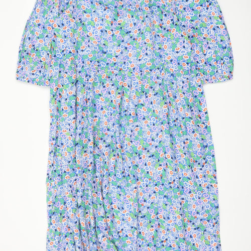 Marks and Spencer Womens Blue Floral Cotton A-Line Size 14 Round Neck Tie