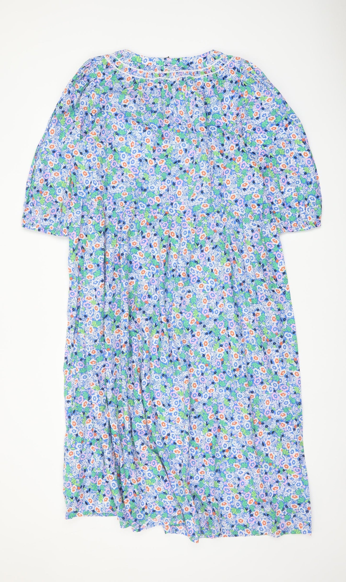 Marks and Spencer Womens Blue Floral Cotton A-Line Size 14 Round Neck Tie