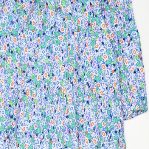 Marks and Spencer Womens Blue Floral Cotton A-Line Size 14 Round Neck Tie