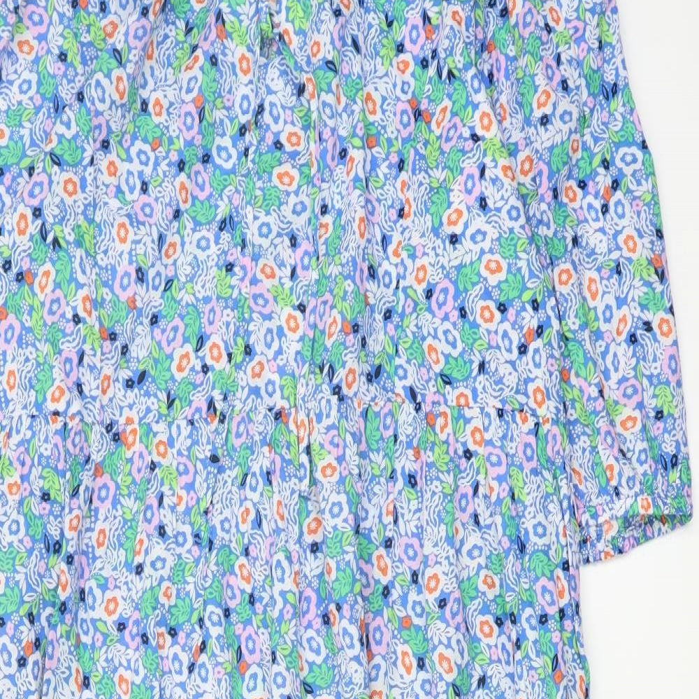 Marks and Spencer Womens Blue Floral Cotton A-Line Size 14 Round Neck Tie