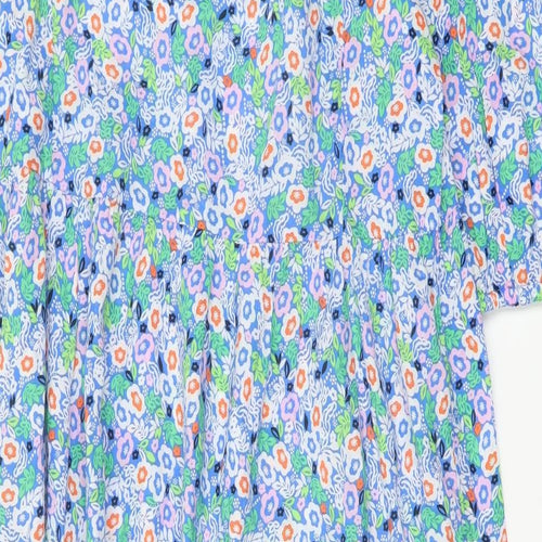Marks and Spencer Womens Blue Floral Cotton A-Line Size 14 Round Neck Tie