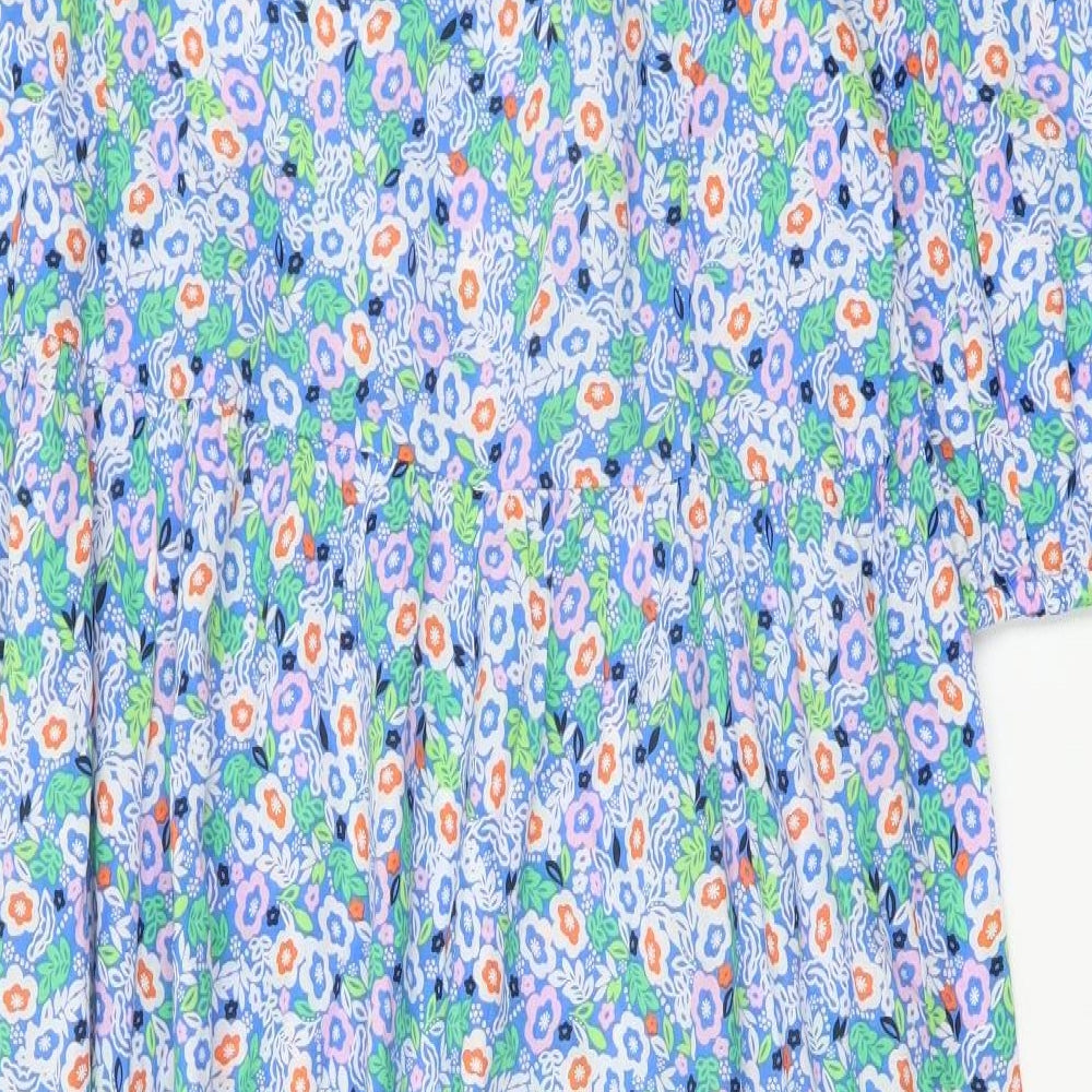 Marks and Spencer Womens Blue Floral Cotton A-Line Size 14 Round Neck Tie