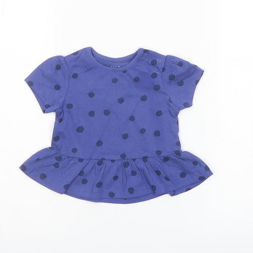Marks and Spencer Girls Blue Polka Dot Cotton Basic T-Shirt Size 6-9 Months Crew Neck Snap