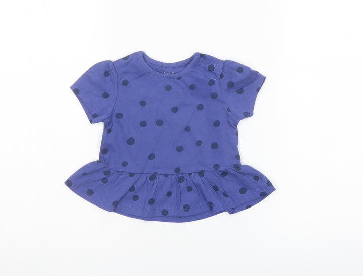 Marks and Spencer Girls Blue Polka Dot Cotton Basic T-Shirt Size 6-9 Months Crew Neck Snap
