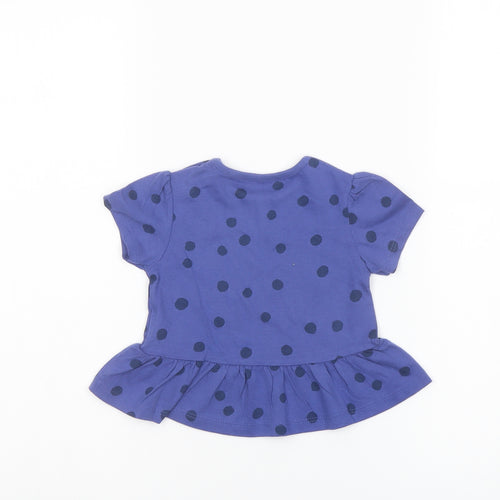 Marks and Spencer Girls Blue Polka Dot Cotton Basic T-Shirt Size 6-9 Months Crew Neck Snap