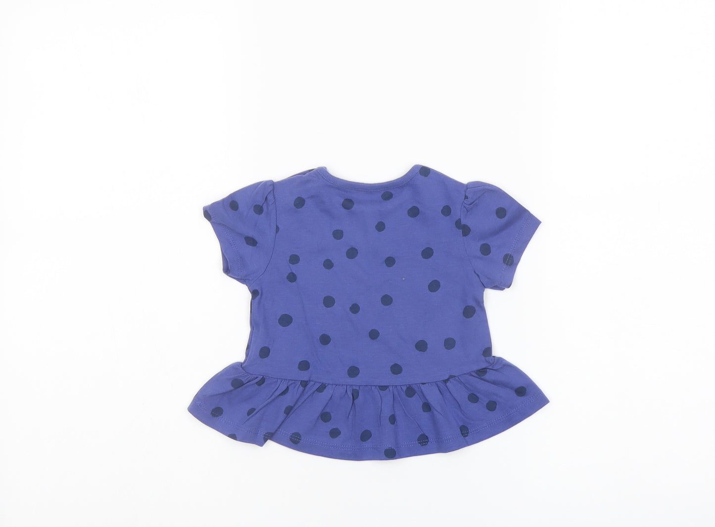 Marks and Spencer Girls Blue Polka Dot Cotton Basic T-Shirt Size 6-9 Months Crew Neck Snap