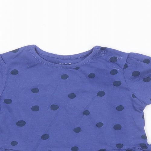 Marks and Spencer Girls Blue Polka Dot Cotton Basic T-Shirt Size 6-9 Months Crew Neck Snap