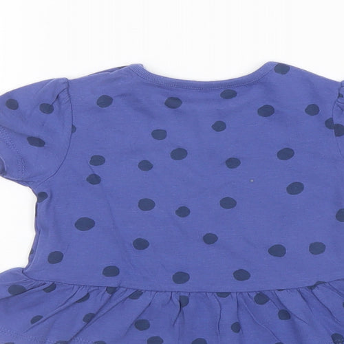 Marks and Spencer Girls Blue Polka Dot Cotton Basic T-Shirt Size 6-9 Months Crew Neck Snap